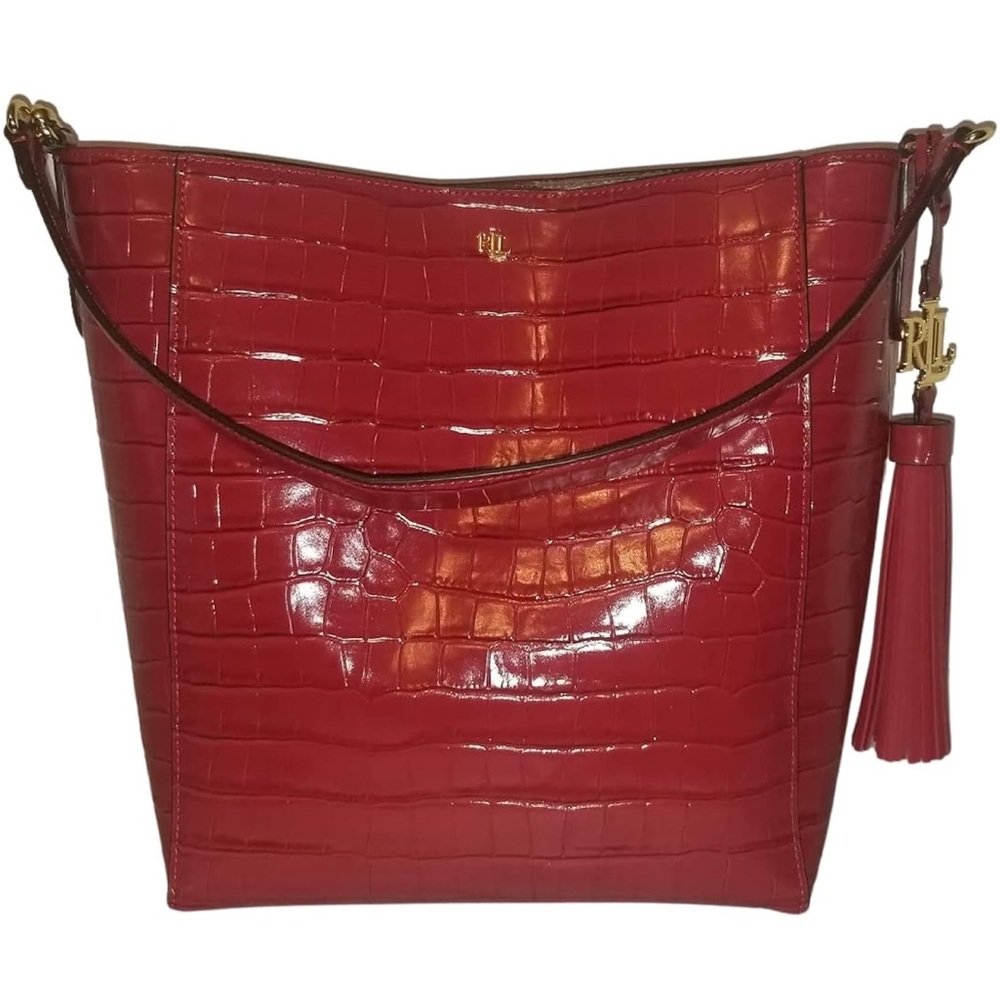 NWT. Ralph Lauren Embossed Red Adley Shoulder Bag with tassel - Picture 3 of 14
